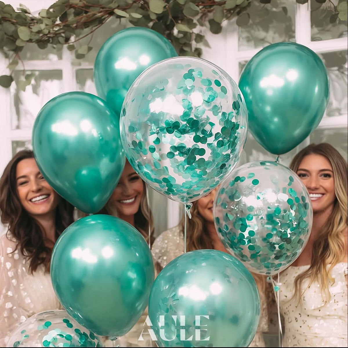 AULE Party Balloons Pack of 42 - Metallic Green Balloons & Confetti Balloons and 64ft Ribbons - 12