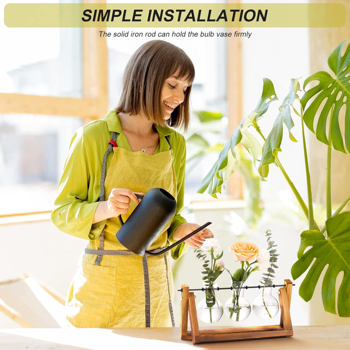XXXFLOWER Plant Terrarium with Wooden Stand, Air Planter Bulb Glass Vase Metal Swivel Holder Retro