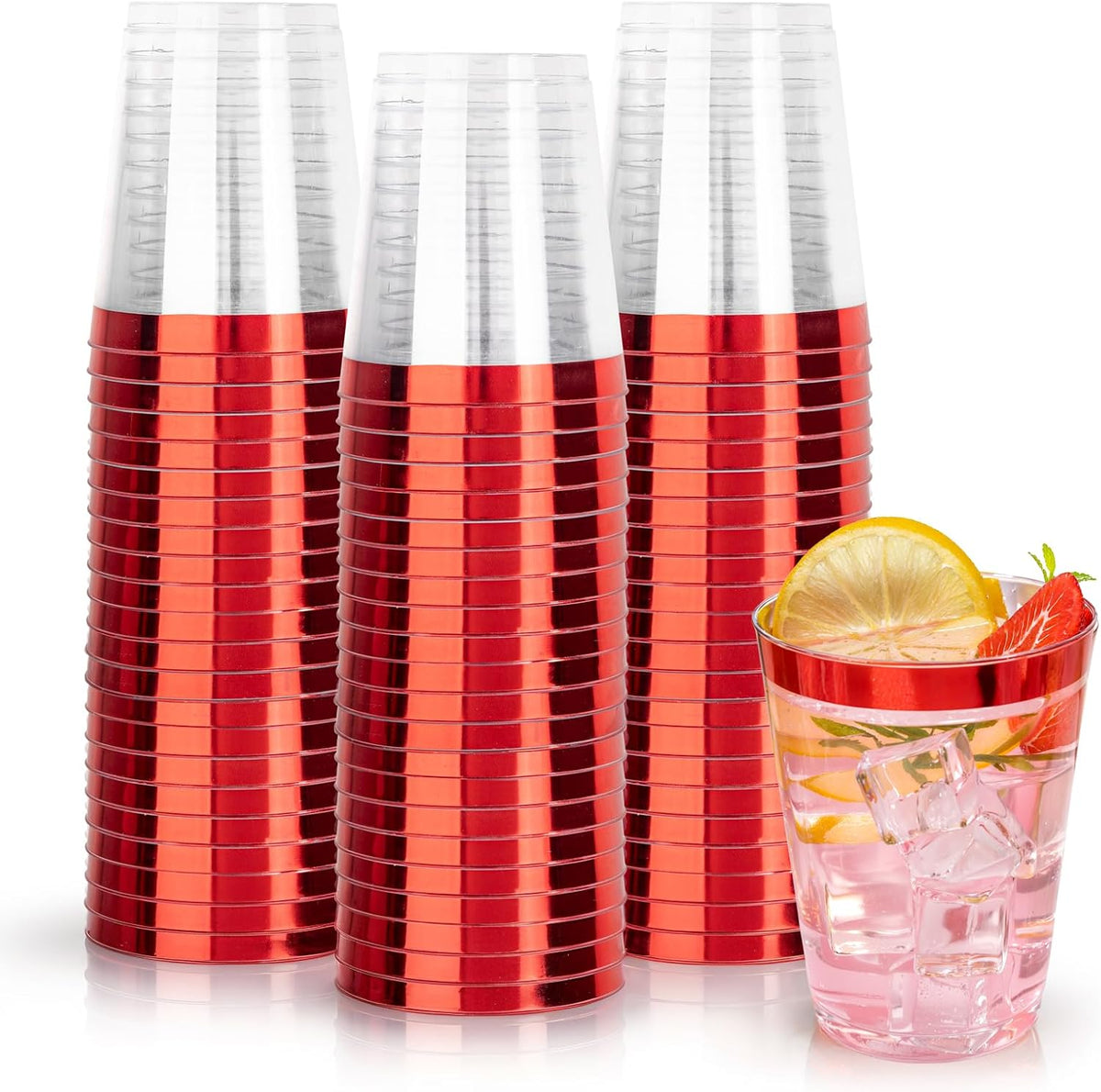 DaYammi 100 Pack Red Plastic Cups 10 Oz Clear Red Rimmed Plastic Cups for Party Fancy Disposable