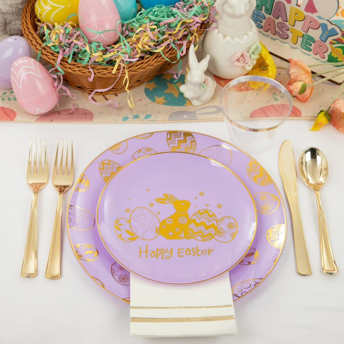 Festiva 175Pcs Easter Plates and Napkins Disposable - Purple and Gold Plastic Dinnerware Set for 50