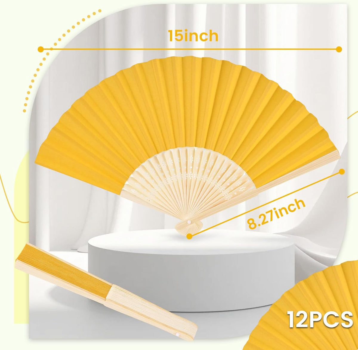 JOHOUSE 12 Pcs Foldable Hand Fan, 8.3 Inch Yellow Paper Fans for Lemon Party Decorations, Wedding