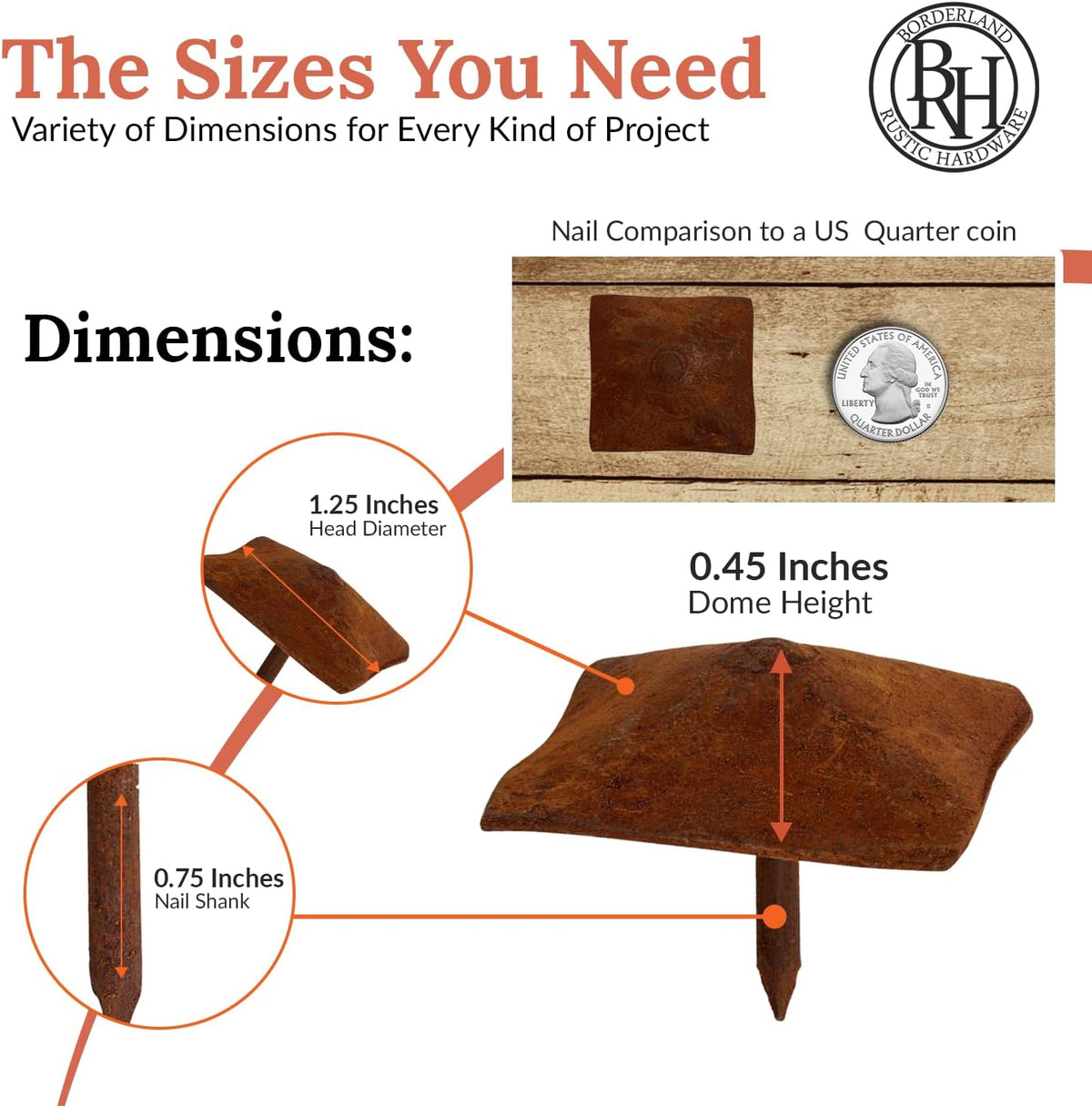 10 Pack 1.25" Square Head Iron Clavos Decorative Nails – Rusted – Handmade Rustic Square Fasteners