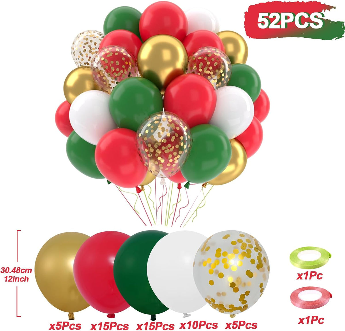 Patimate Red and Green Christmas Balloons Set, 50 pcs 12 inch Metallic Gold Green Red White
