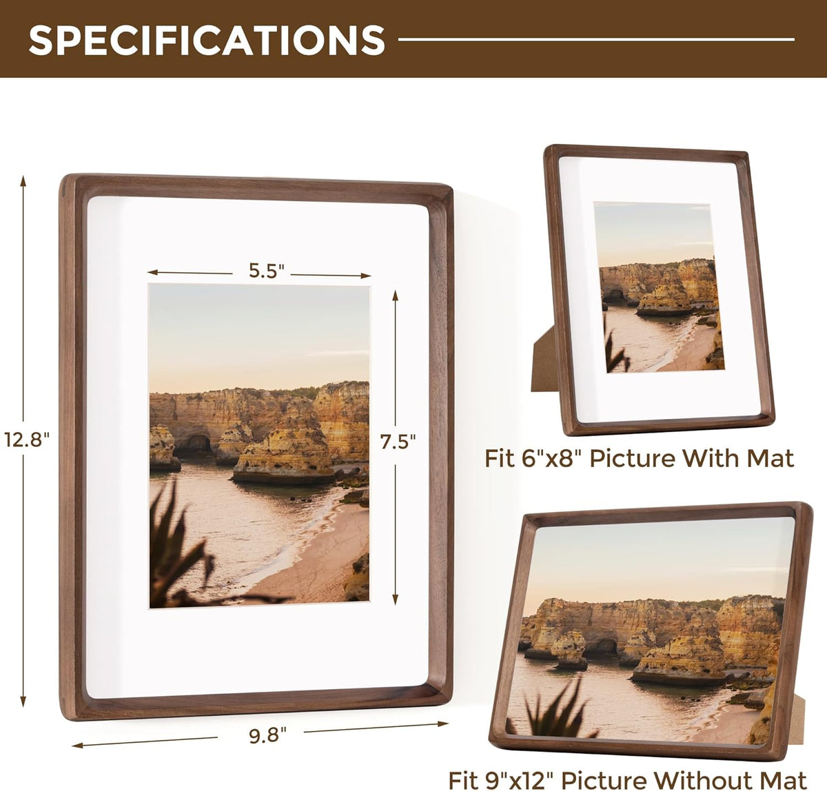 9x12 Picture Frame USA-Sourced Natural Walnut Solid Wood Photo Frame Handcrafted Rounded Corner