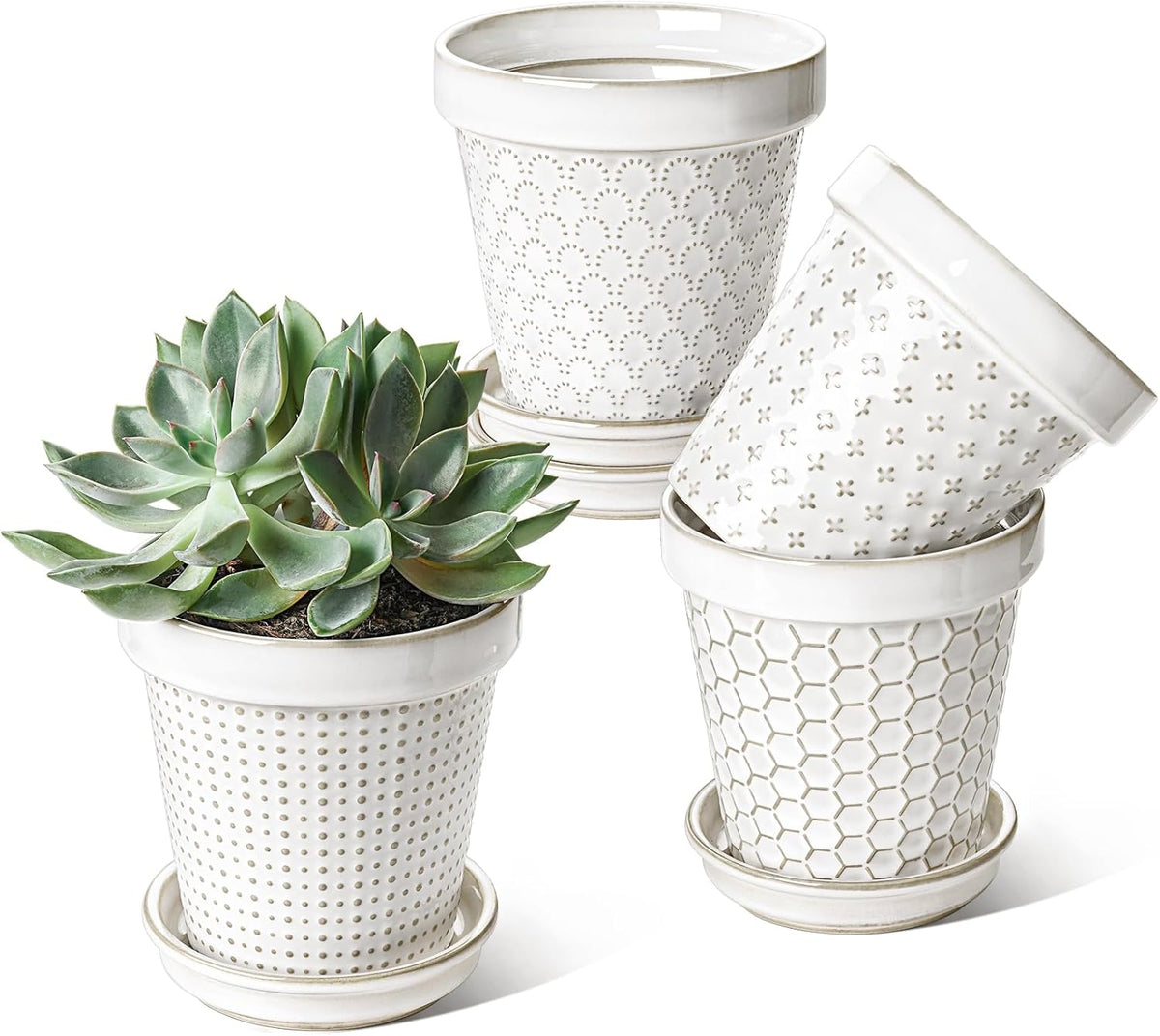 LE TAUCI Ceramic Plant Pots, 4.9 Inch Flower Pots with Drainage Hole & Saucer, Embossed Planter