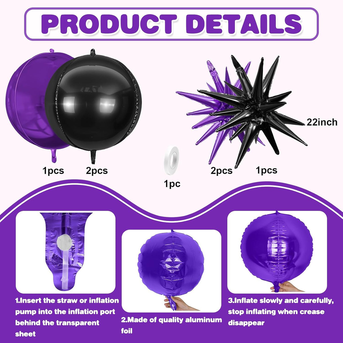6Pcs Black Purple Foil Balloons,22Inch Purple Black 4D Round Ball Balloon and Explosion Star