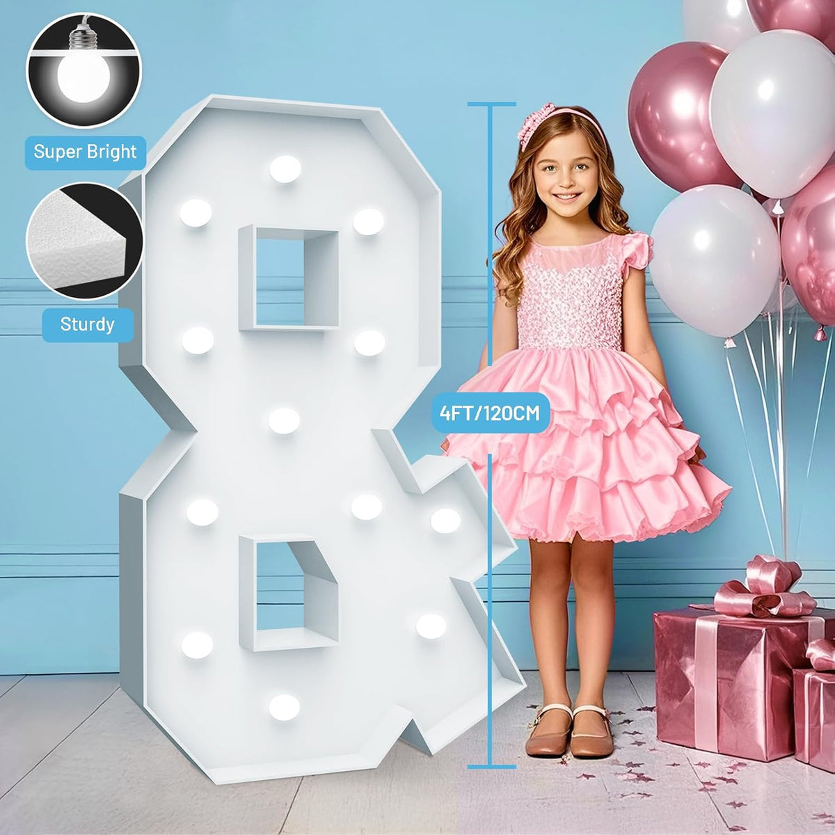 4FT Marquee Light Up Letters - Cool White Light Up Letters & with Fixed Water Bag, Party Decoration