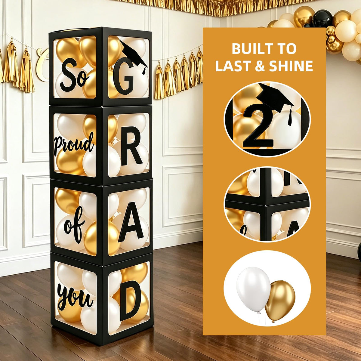 2026 Graduation Party Decorations - Black Balloon Boxes with Letters, "GRAD" & "So Proud of You" &
