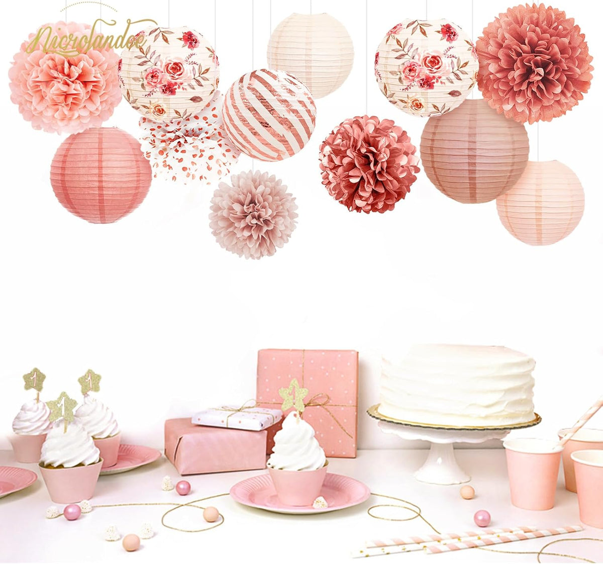 NICROLANDEE Wedding Party Decorations, 12 PCS Rose Pink Floral Paper Lanterns Tissue Pom Poms