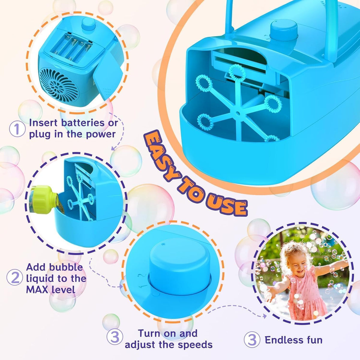 Bubble Machine, 18000+ Bubbles Per Minute Bubble Maker Blower for Kids Toddlers with 2 Speeds,6