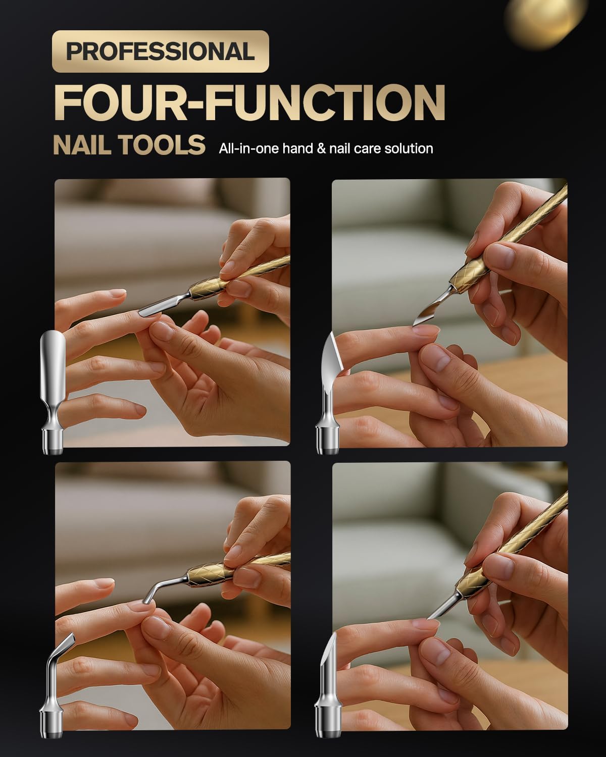 FERYES 4-in-1 Cuticle Pusher Tool-Curved/Smooth/Chisel/Horseshoe Heads + Thread-Lock Handle for