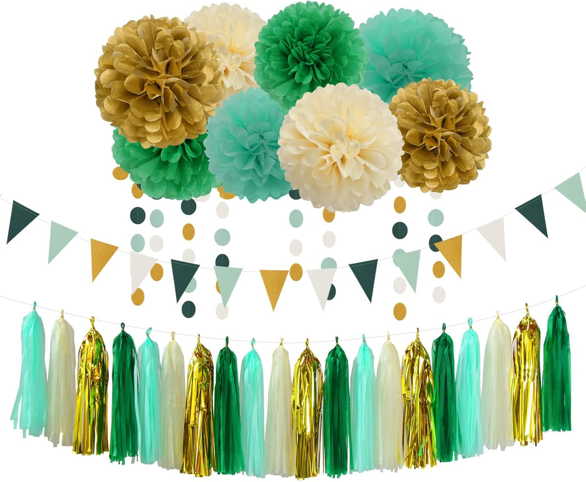 Sage-Green Beige-Gold Baby Bridal-Shower Decorations - 30pcs Rustic Wedding Tissue Pom Poms,Tassel