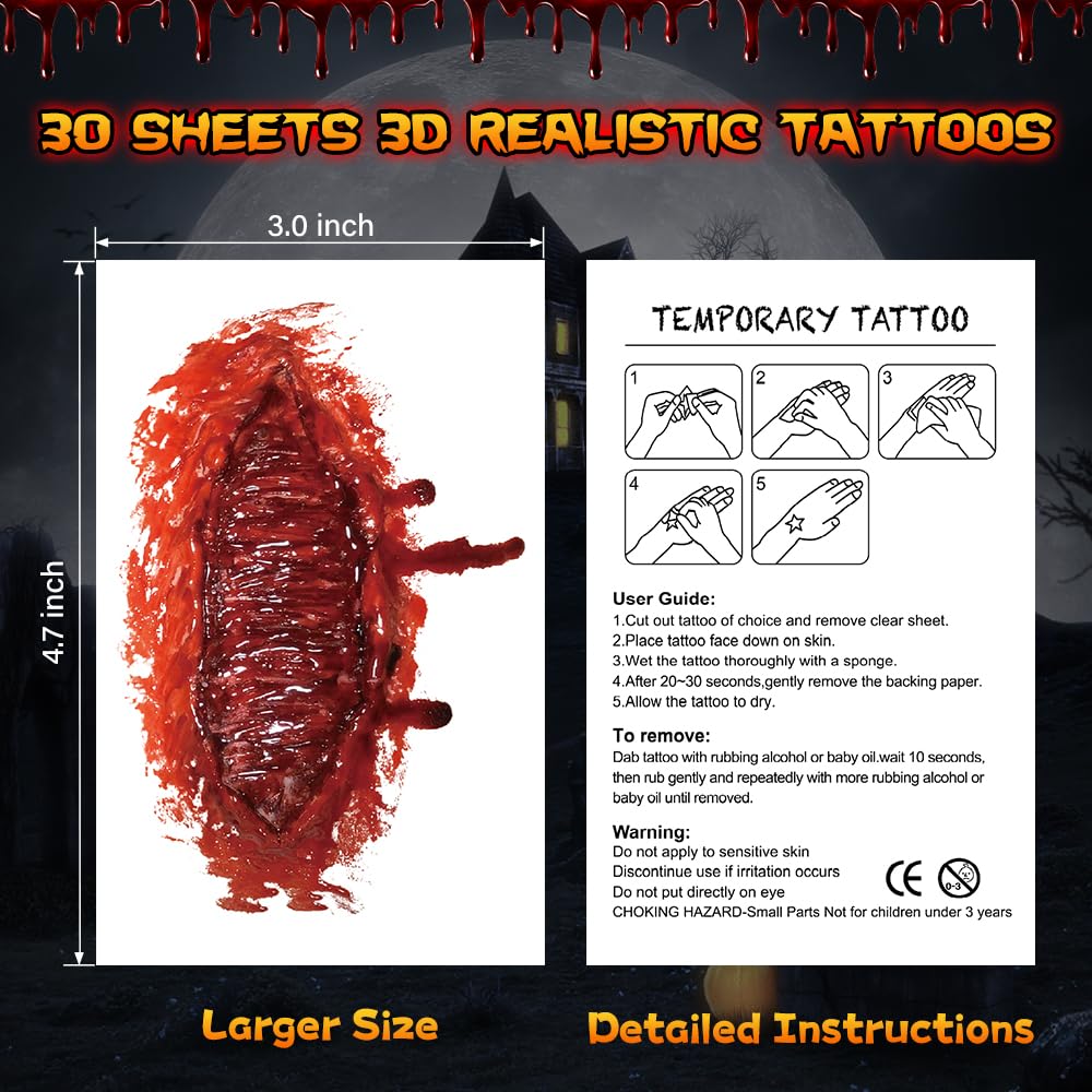 30 Sheets Scar Tattoos Temporary Halloween Makeup Kit, Large Size Fake Chucky Scars Stitches Bloody