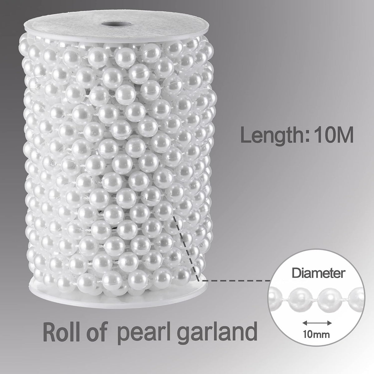 Craft String Pearls 10MM Pearl Bead, 33 Feet White Faux Pearl Garland Spool Roll Strand Wedding