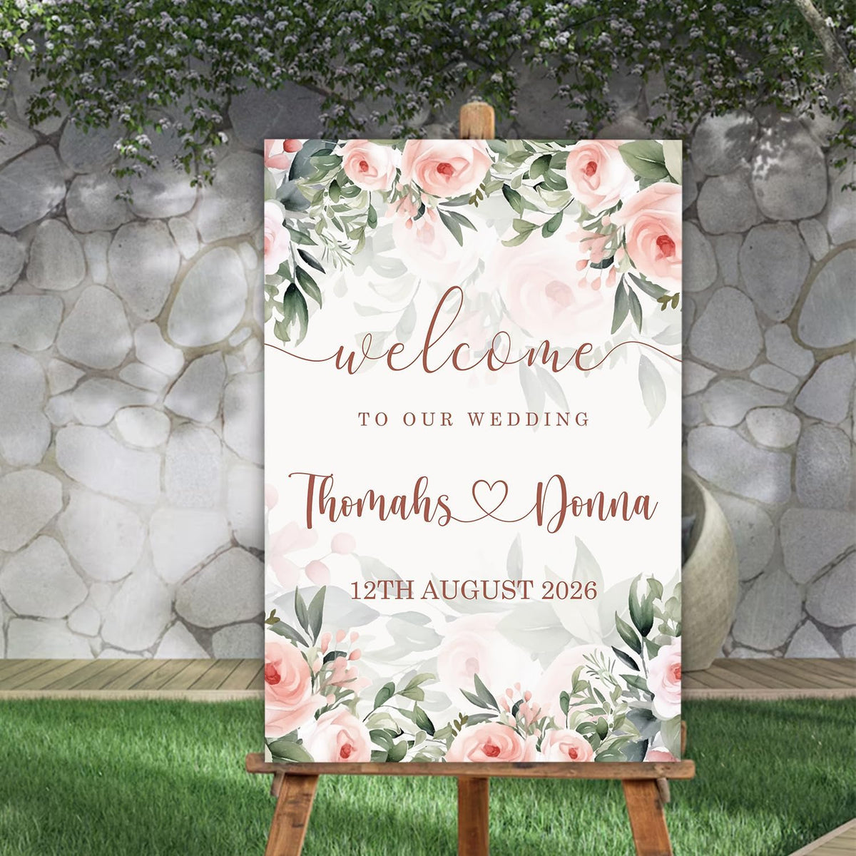 Blush Pink Rose Wedding Welcome Sign, Editable Floral Template, Gentle Modern Printable Sign for