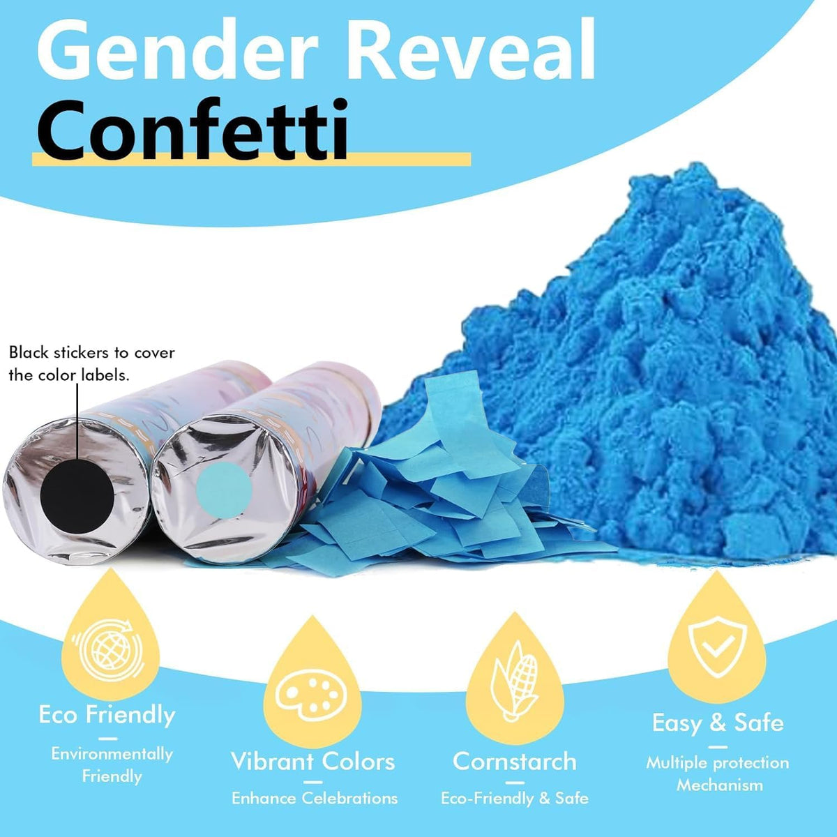 Previvo Gender Reveal Confetti Powder Cannon - 4 Pack Blue Baby Gender Reveal Poppers - 100%