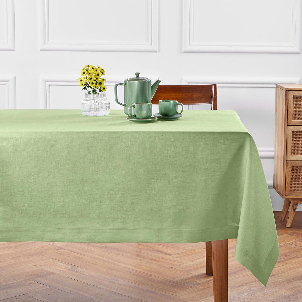 Solino Home Linen Tablecloth 52 x 52 Inch - 100% Pure Linen Laurel Green Square Tablecloth - Fete