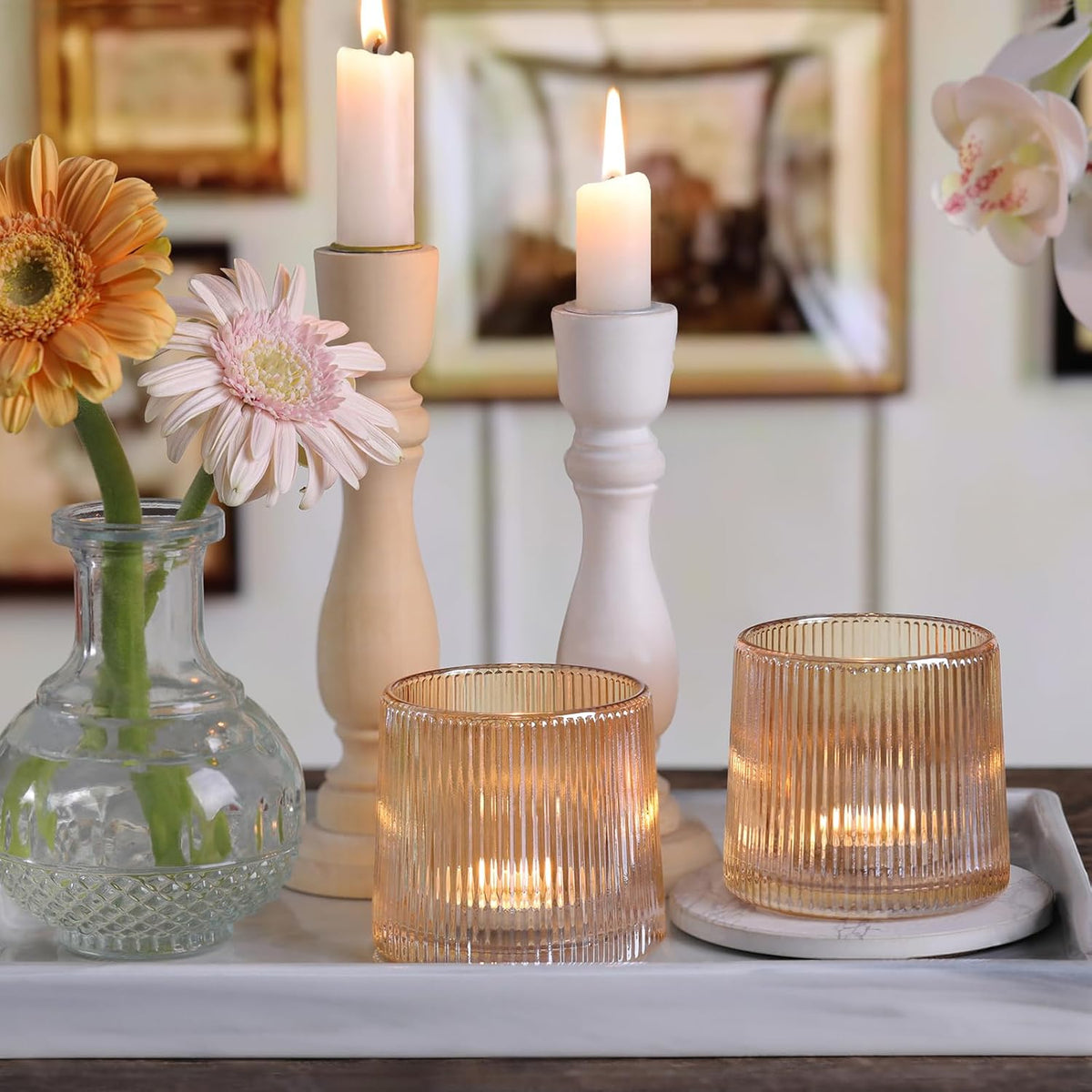 DARJEN Gold Ribbed Tealight Votive Candle Holders- 6Pack Glass Candle Holders for Table