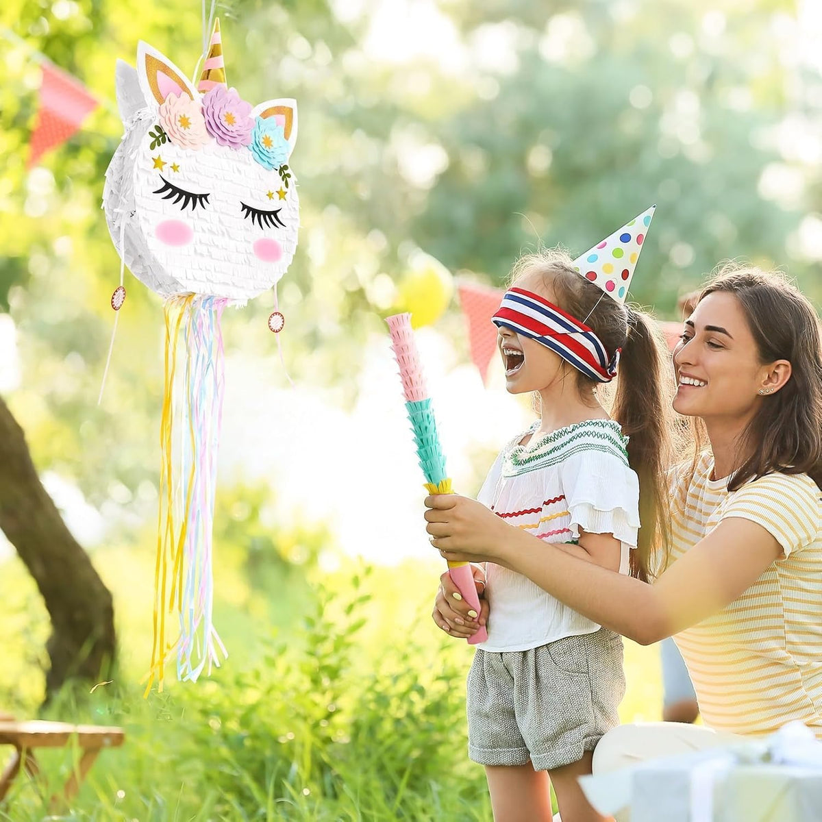 Foldable Unicorn Piñata - Unicorn Birthday Party Supplies Extendable Piñata with Blindfold Bat and