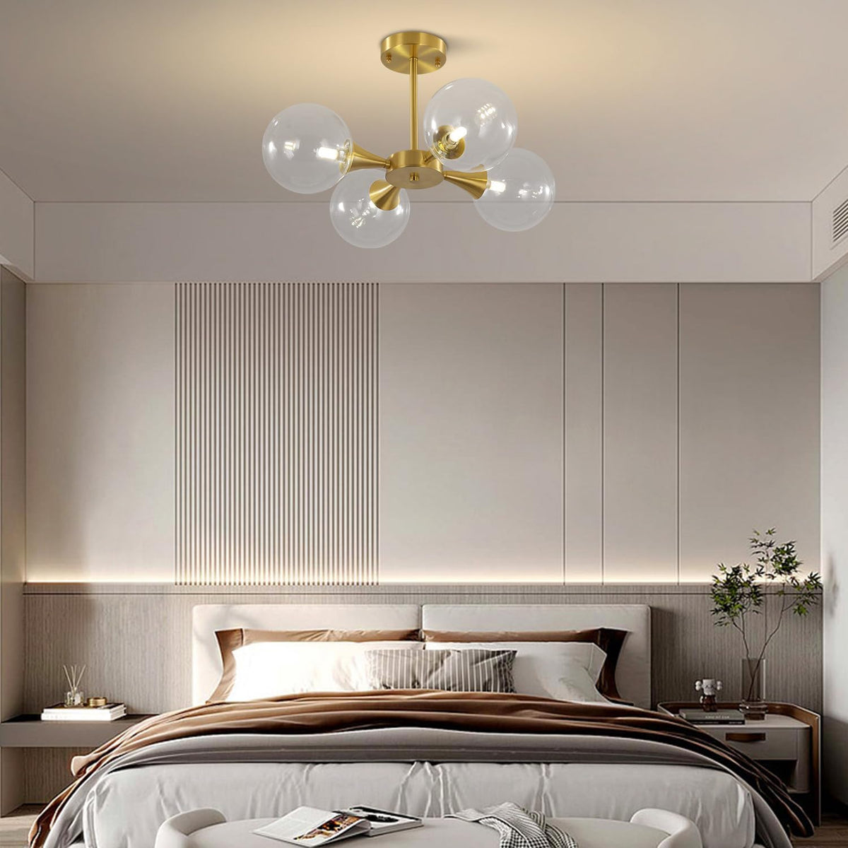 KCO Lighting 4-Lights Modern Globe Semi Flush Mount Ceiling Light Mid Century Brushed Brass