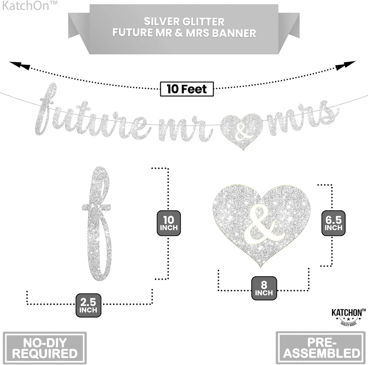 KatchOn, Silver Glitter Future Mr & Mrs Banner - 10 Feet, Pre-Strung, No DIY | Future Mr and Mrs