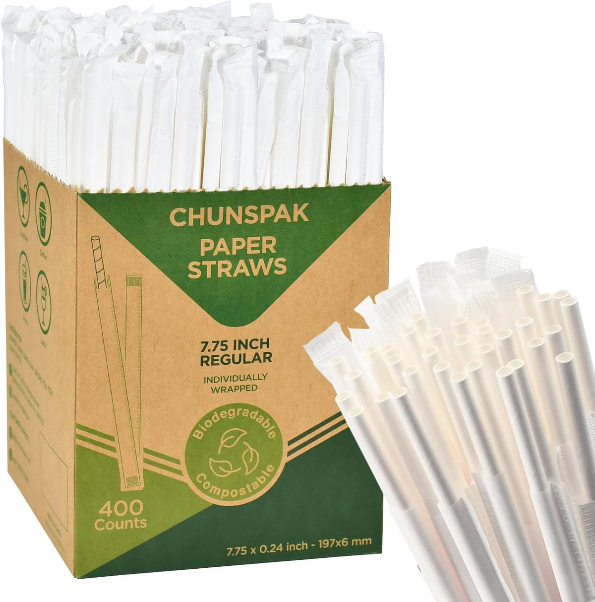 7.75 Inch Disposable Paper Drinking Straws Bulk Individually Wrapped, 0.24" Dia. (Plain White, 400