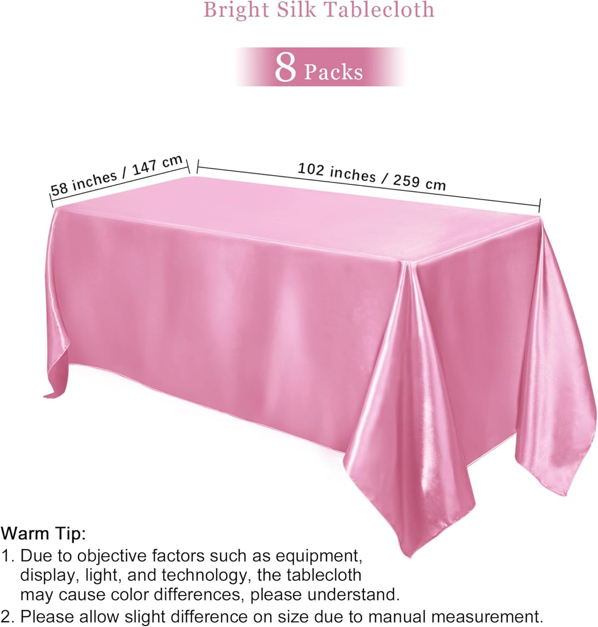TURSTIN 8 Packs Pink Satin Tablecloth 102 x 58 Inch Overlay Satin Table Cover Rectangle Bright Silk