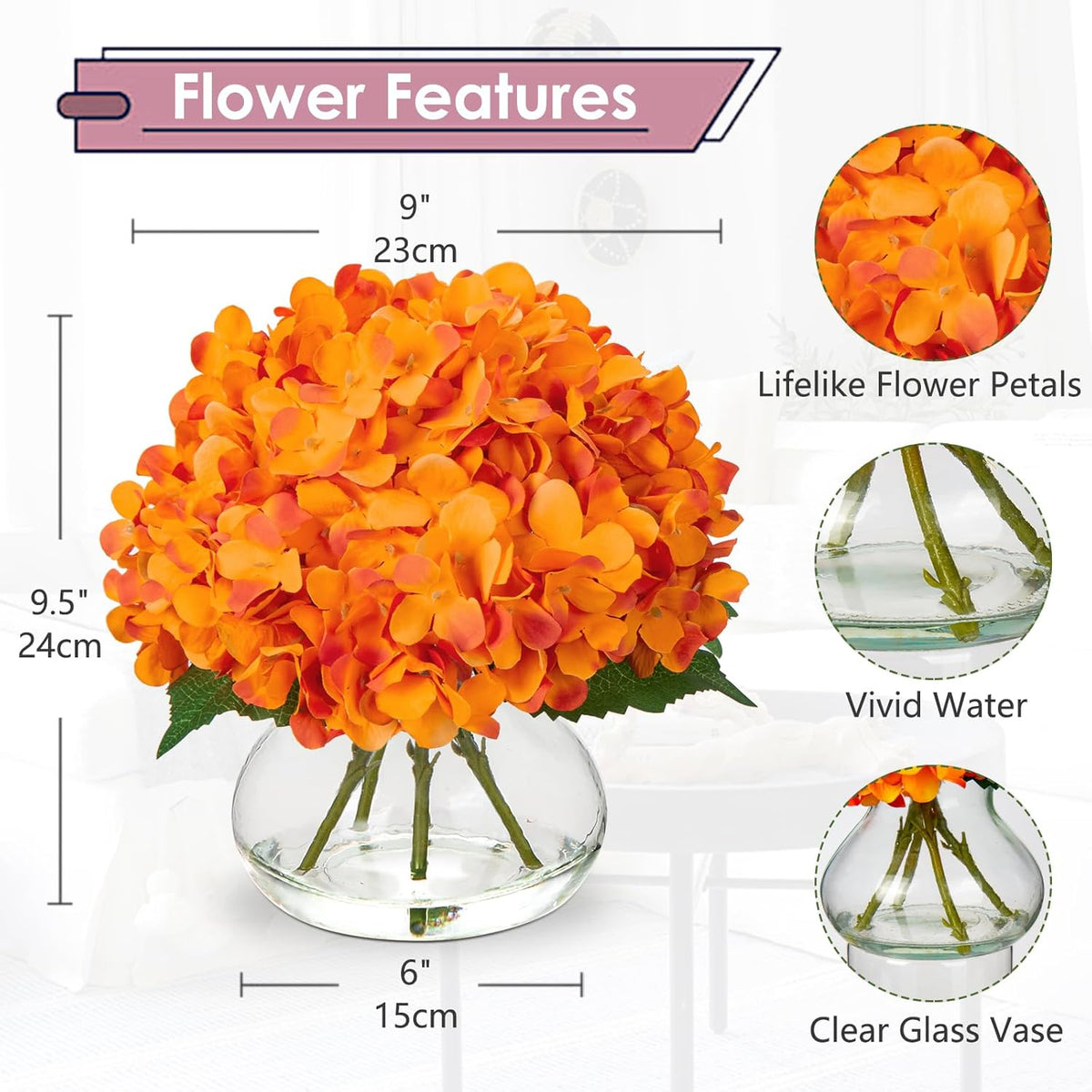 Hollyone Hydrangea Artificial Flowers in Vase Orange Silk Fake Flowers Arrangements with Glass Vase