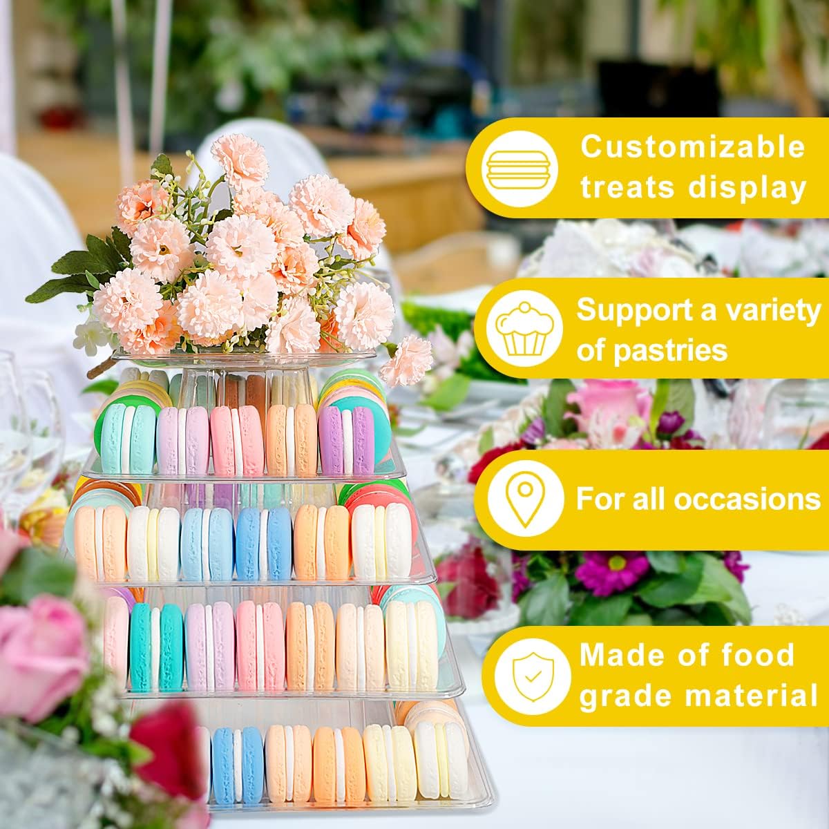 5 Tiers Square Macaron Tower Stand, Plastic Transparent Cake Stand Macaroon Display Rack Desserts