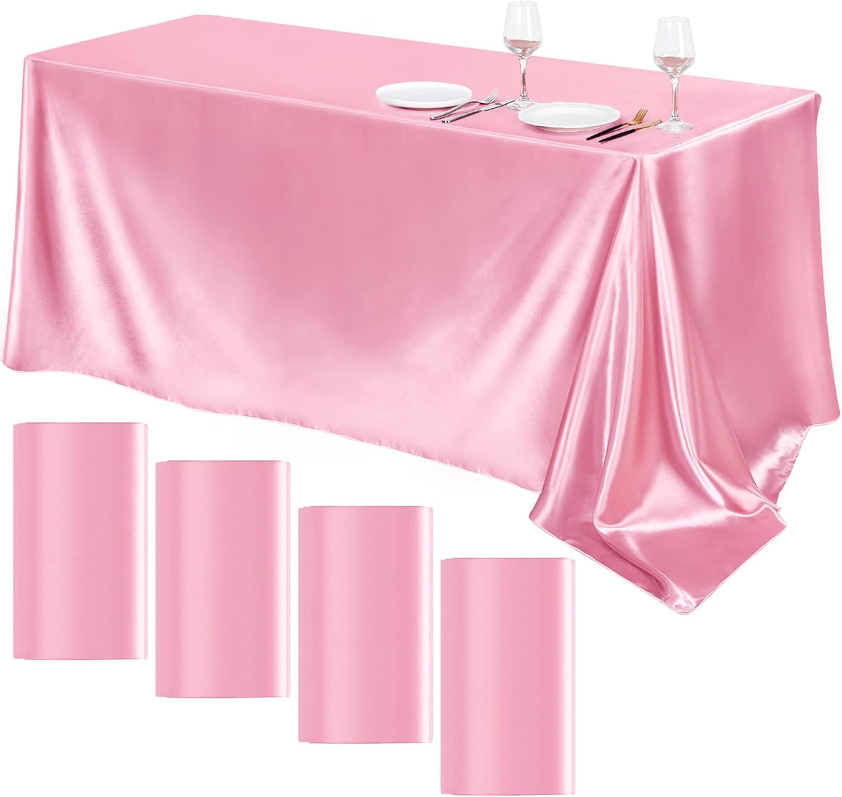 TURSTIN 4 Packs Pink Satin Tablecloth 102 x 58 Inch Overlay Satin Table Cover Rectangle Bright Silk
