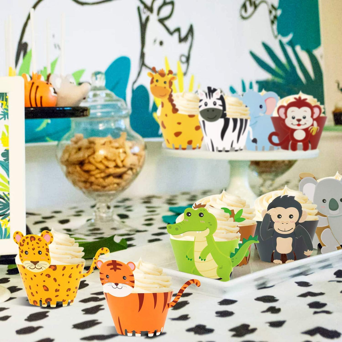 48 Pcs Jungle Safari Animal Cupcake Wrappers Wild Party Cake Decorations Jungle Wild Cake Wrappers