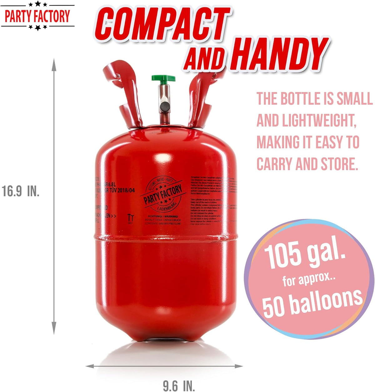 Party Factory set of 3 helium tanks for up to 50 balloons each, 3 helium cylinders with 14.1 cu.