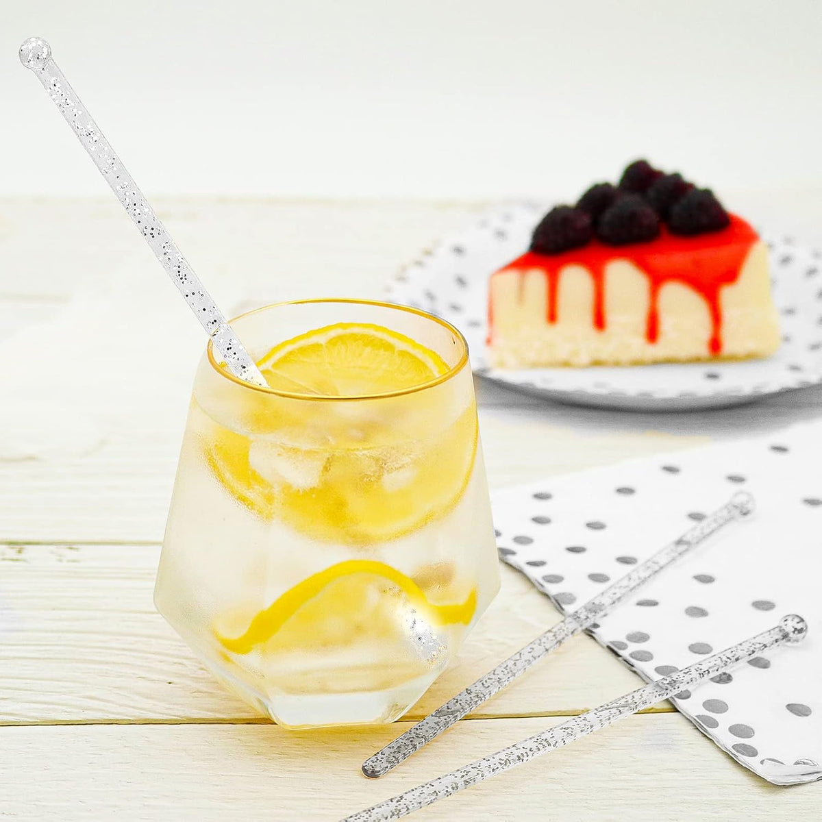 50-PCS Silver Glitter Plastic Swizzle Sticks, Crystal Cake Pops, Cocktail Coffee Drink Stirrers