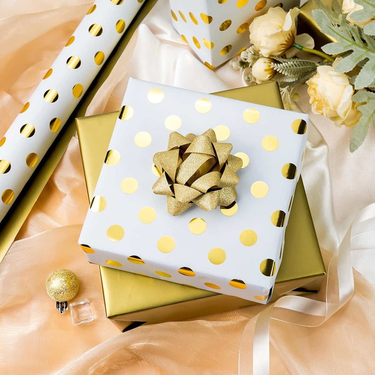 Burymento Platinum Dots Wrapping Paper, Reversible Gold Gift Wrap for Birthday, Valentines, Mothers
