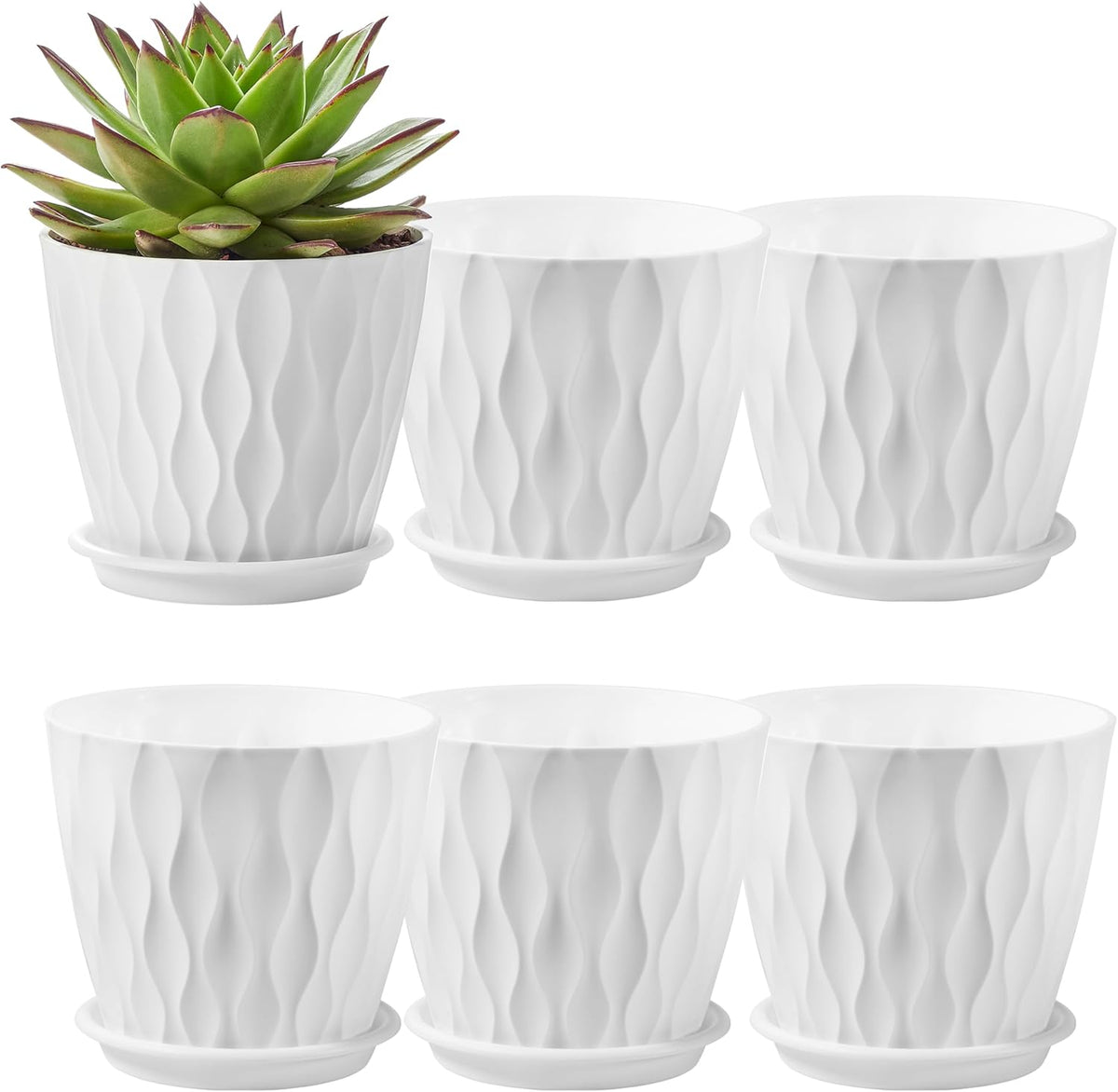 FaithLand 6-Pack 6-Inch Plastic Plant Pots with Saucers | Thickened PP Material, Modern Wave