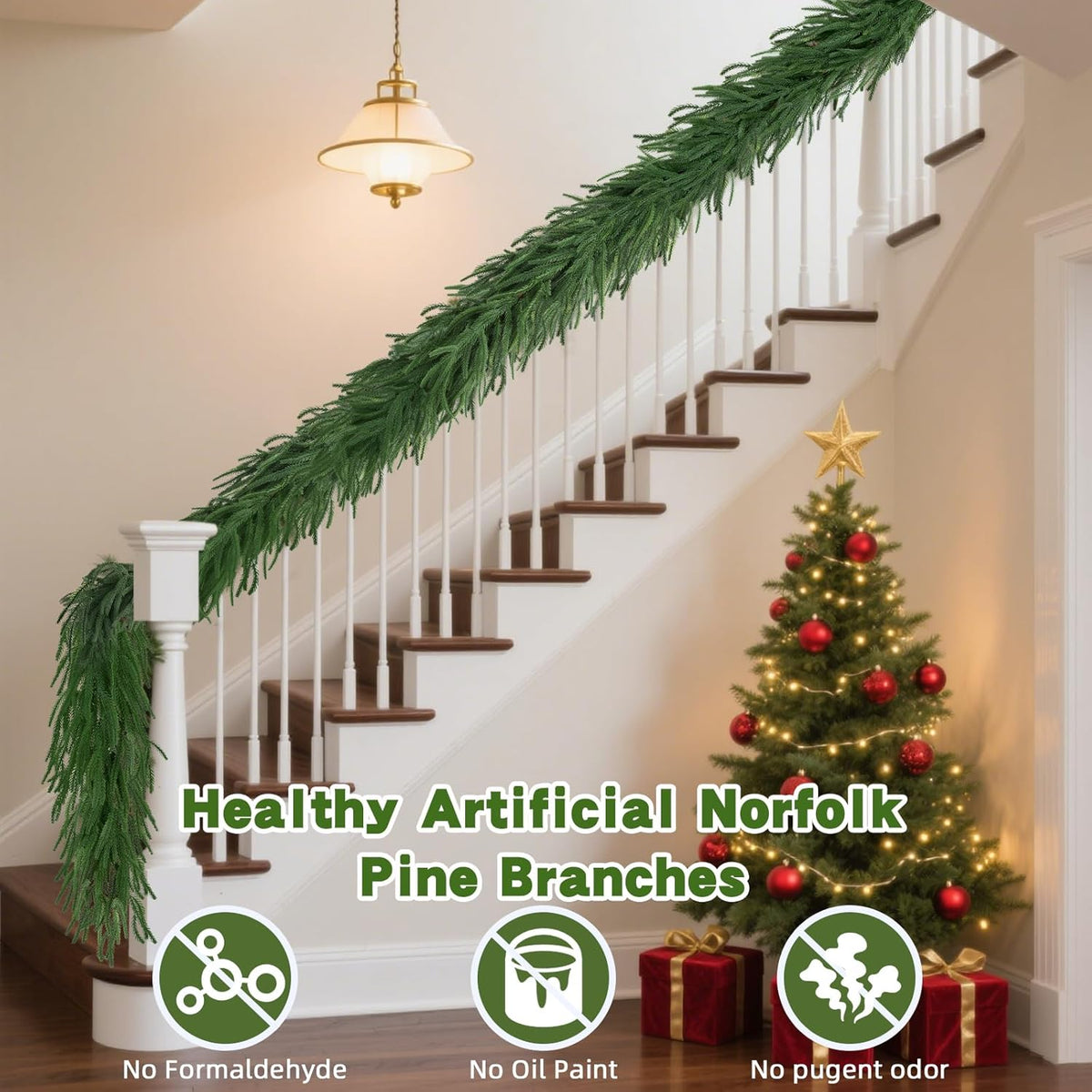 12 FT (2 * 6FT) Norfolk Pine Garland Artificial, Realistic Christmas Greenery for Mantle Table