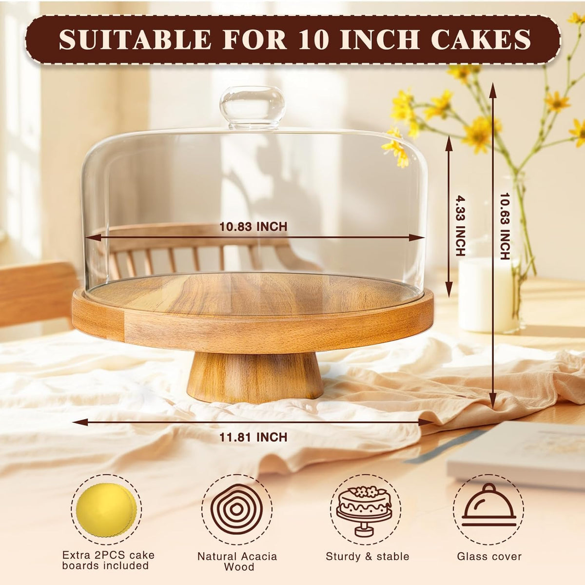 Acacia Wood Cake Stand with Lid, 12" Glass Cake Stand with Dome Cake Holder, 2-in-1 Dessert Table