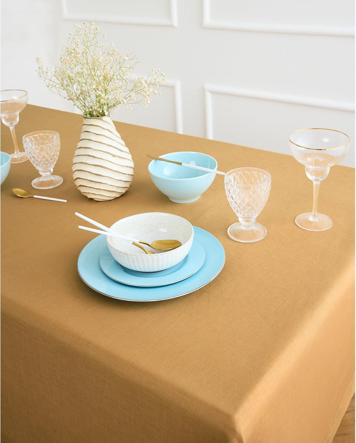 Solino Home Linen Tablecloth for Rectangle Tables 60 x 90 Inch - 100% Pure Linen Caramel Table