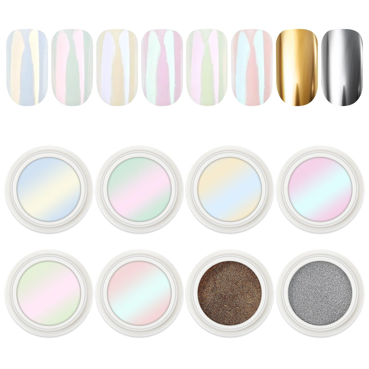 AIMEILI Pearl Chrome Nail Powder, Vegan, Cruelty Free, 8 Colors Aurora Metallic Holographic Mirror