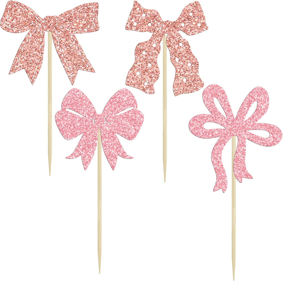 Ephlyn 24pcs Pink & Rose Gold Bow Cupcake Toppers - Perfect for Birthday, Baby Shower, Bridal
