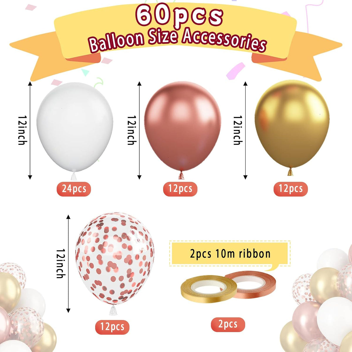 Paready Rose Gold and White Latex Balloons, 60 Pcs 12 Inch Metallic Gold Confetti Balloons with