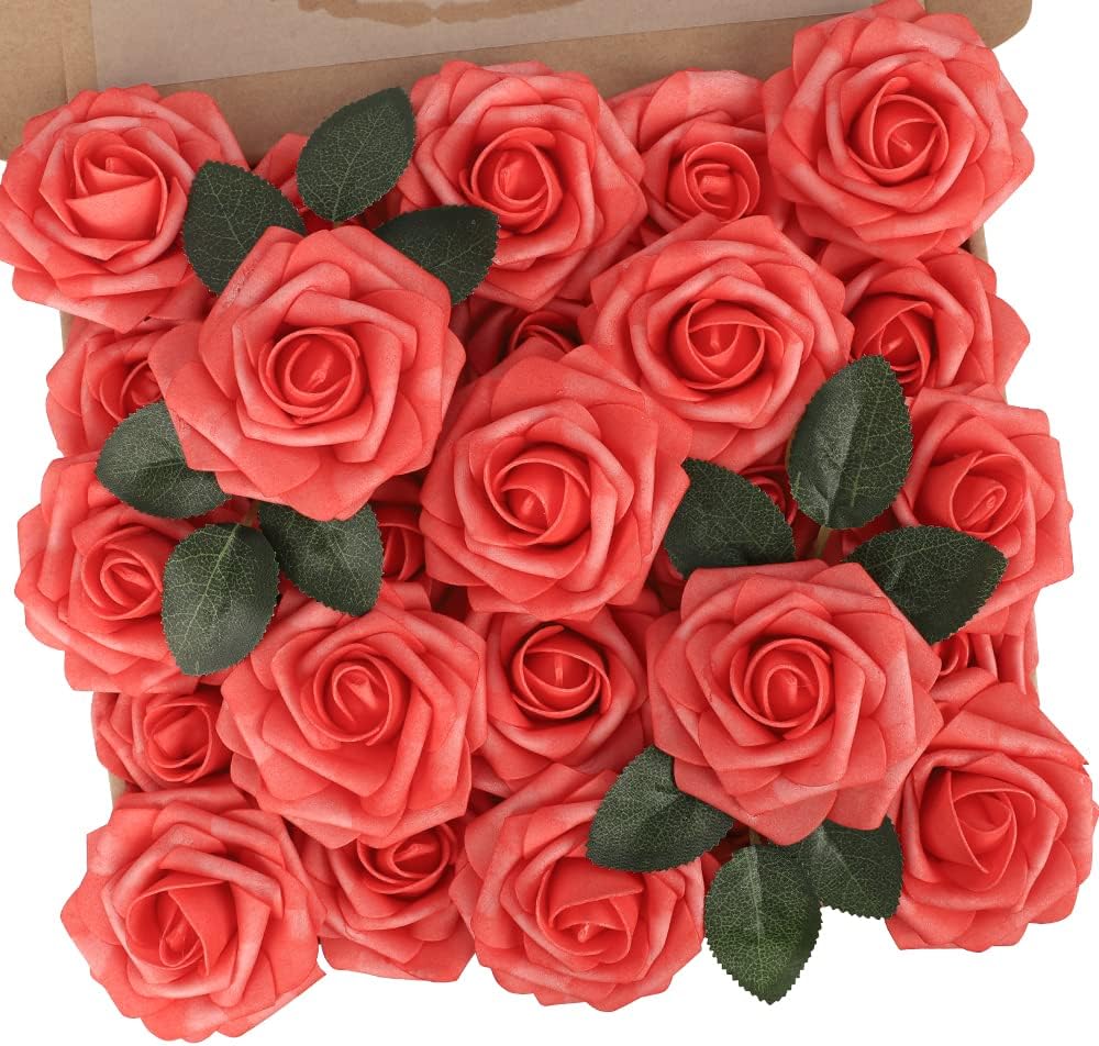 N&T NIETING Artificial Flowers 25pcs Real Looking Coral Foam Fake Roses with Stems for DIY Wedding
