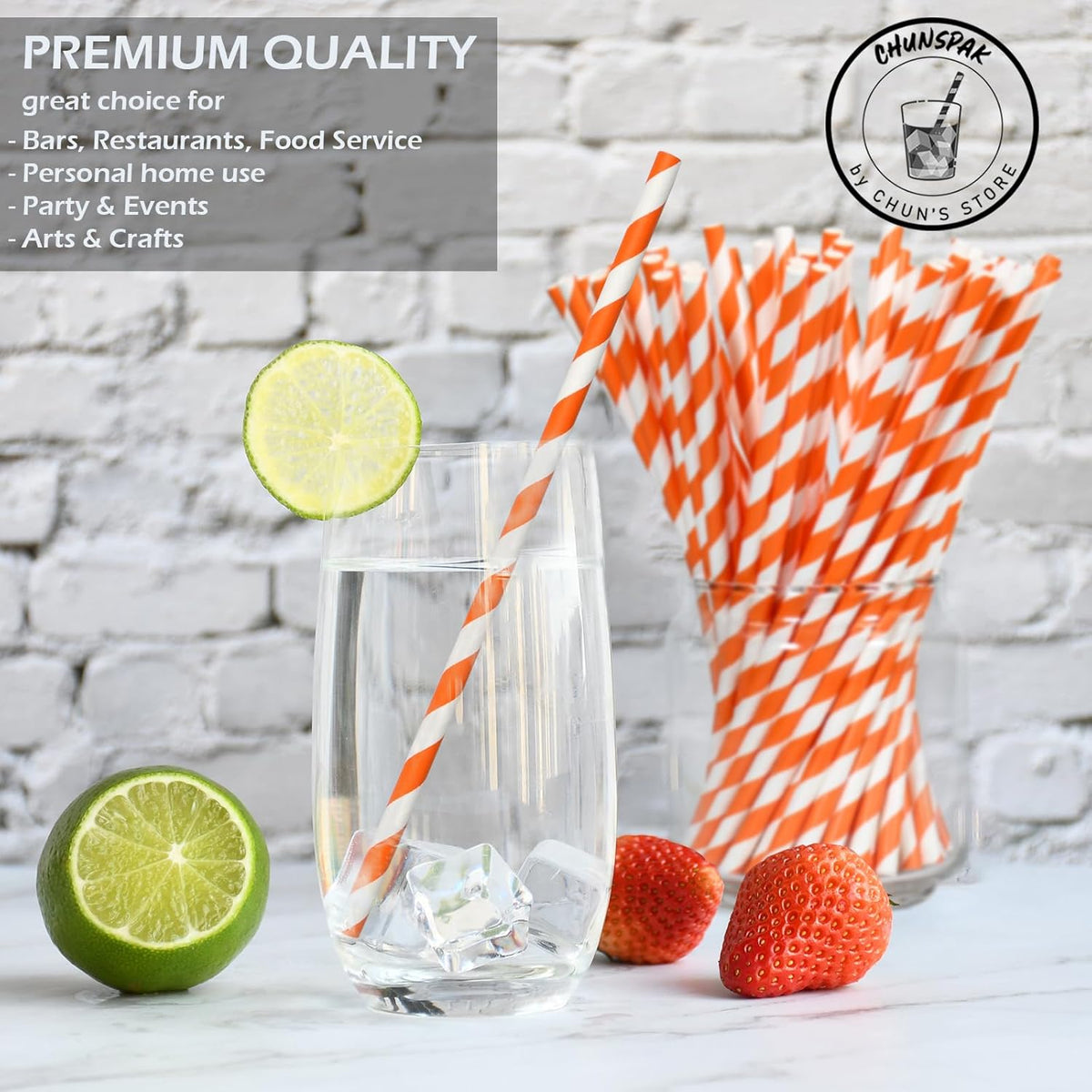 [1000 Count] Chunspak Orange/White Striped Paper Drinking Straws Bulk - 7.75"x0.24", Unwrapped