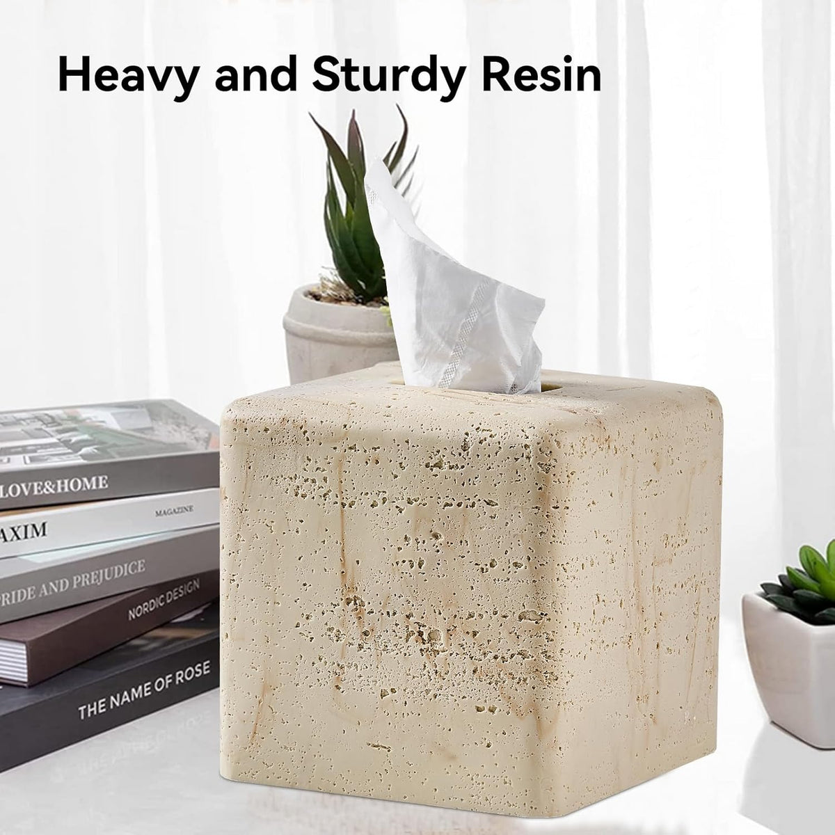 Natural Travertine Textures Tissue Box Cover Square for Home Decor,Resin Heavy Tissue Box Holder
