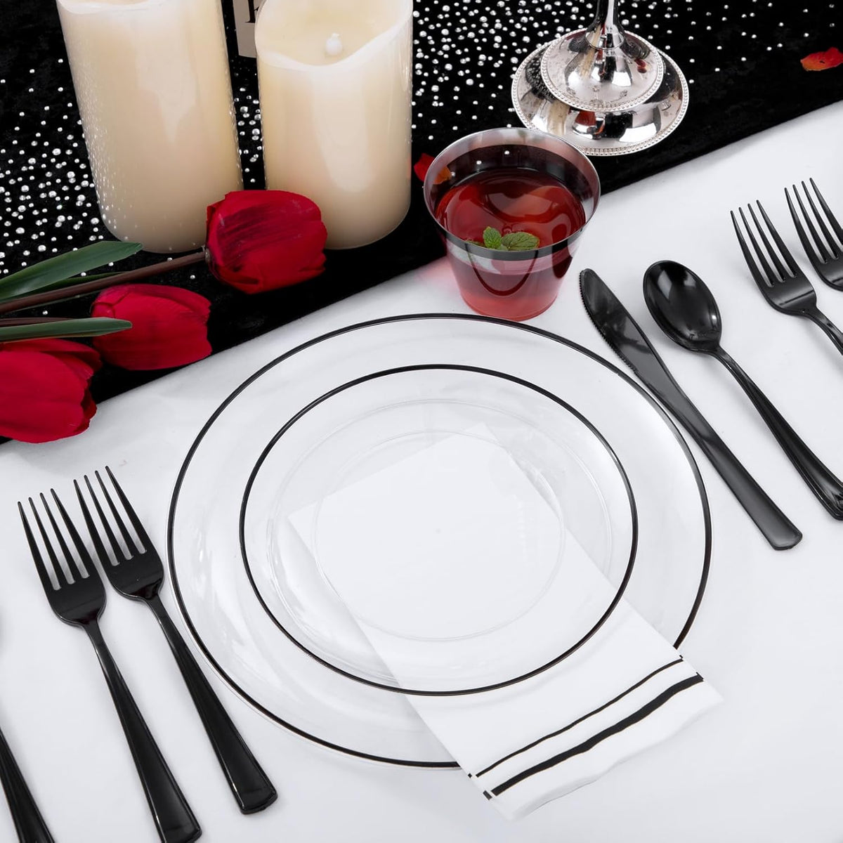 NOCCUR 350PCS Clear and Black Plastic Plates - Disposable Dinnerware Set for 50 Guests Include 100