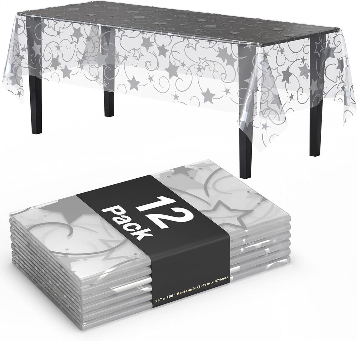 Exquisite Clear Silver Star Tablecloth Plastic 12-Pack Disposable Rectangle Tablecloths 54" x 108"