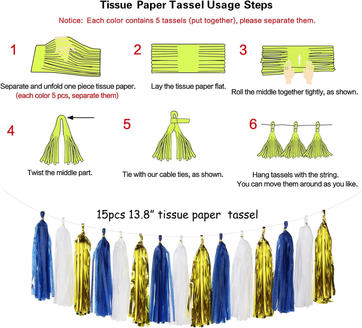 Navy-Blue White-Gold Tassel Garland Streamers- 15pcs Tissue Paper Tassels Banner Party Decorations