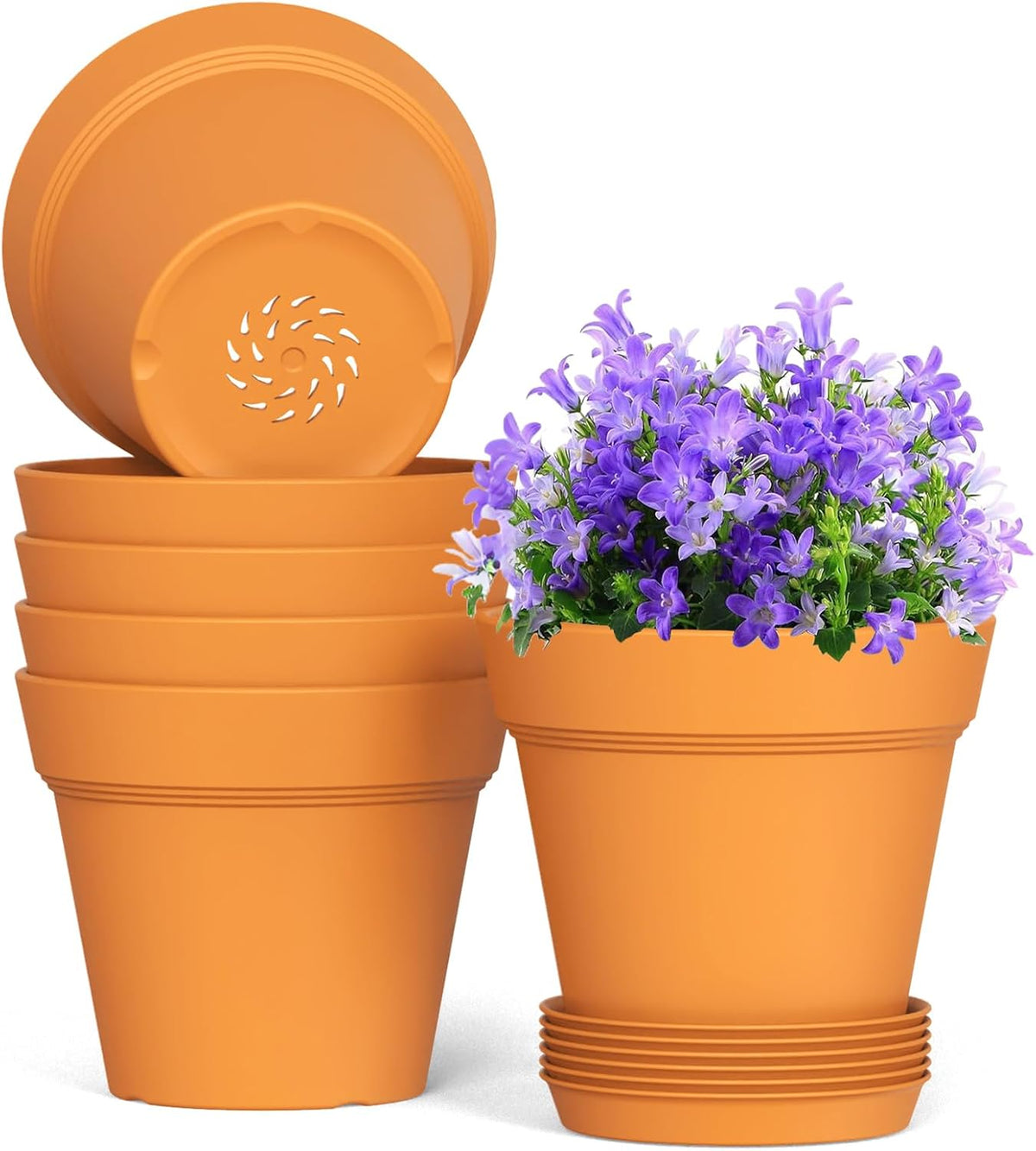 7 Inch Thick Plastic Plant Pots with Drainage Holes and Trays – 6 Pack Nursery Pots for Indoor &