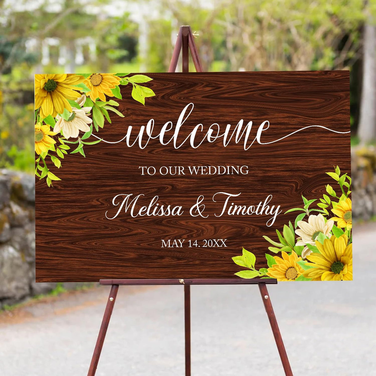 Rustic Sunflower Wedding Welcome Sign Template, Printable Wood-Inspired Welcome Sign with
