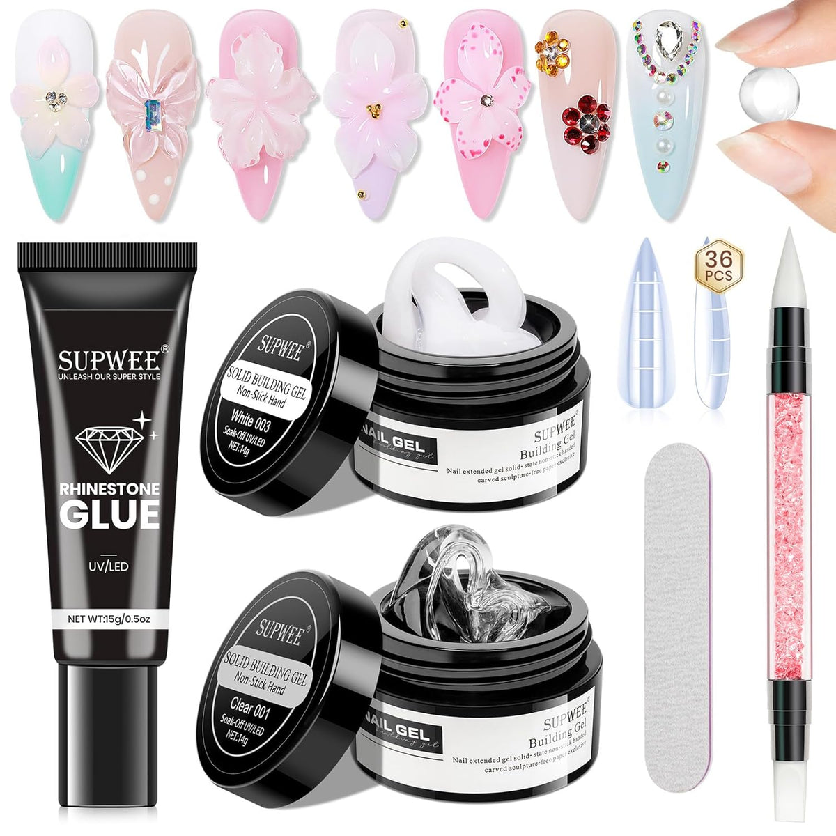 3d Nail Sculpting Gel Set: Clear White Solid Builder Gel for Nails, Nail Rhinestone Glue for 3d